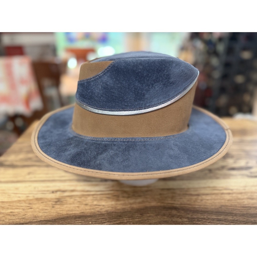 Vintage Head 'N Home Handcrafted USA Suede Fedora‎ Hat UPSLIDE Small Blue Tan